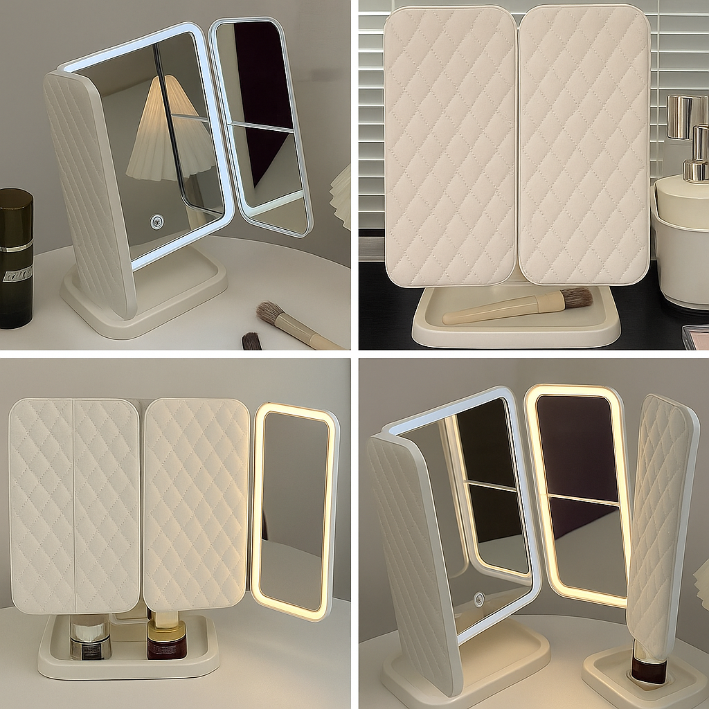 3X Trifold Makeup Mirror with Adjustable LED Lights | 3 Colour LED USB Rechargeable | Magnifying Vanity Mirror for Home and Beauty Salon (White)