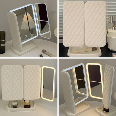 3X Trifold Makeup Mirror with Adjustable LED Lights | 3 Colour LED USB Rechargeable | Magnifying Vanity Mirror for Home and Beauty Salon (White)