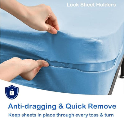 Bedsheet Holder with Lock Strips, Bedsheet Tucker Tool for Corners Keep Sheets Firm & Tight Durable Strips for Bed Sheet Holder, Open Corner Design for Fit All Mattress Lifter and Tucker (White)