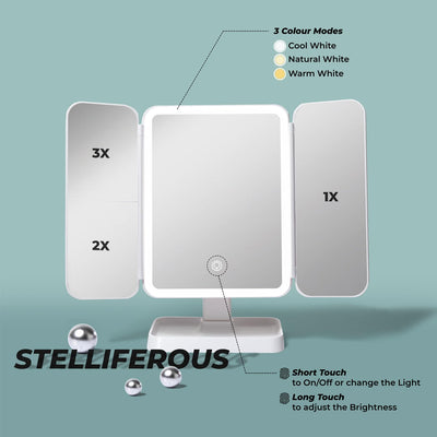 3X Trifold Makeup Mirror with Adjustable LED Lights | 3 Colour LED USB Rechargeable | Magnifying Vanity Mirror for Home and Beauty Salon (White)