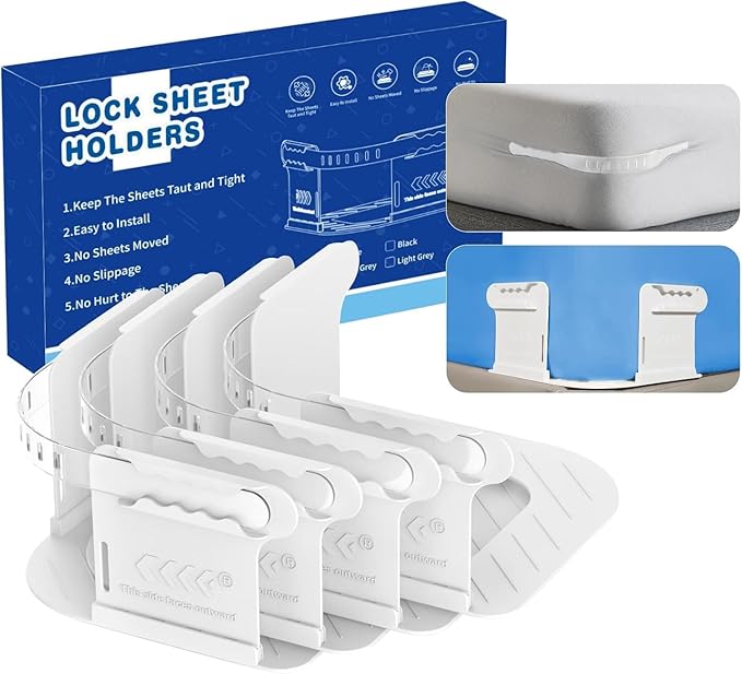 Bedsheet Holder with Lock Strips, Bedsheet Tucker Tool for Corners Keep Sheets Firm & Tight Durable Strips for Bed Sheet Holder, Open Corner Design for Fit All Mattress Lifter and Tucker (White)