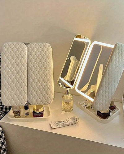 3X Trifold Makeup Mirror with Adjustable LED Lights | 3 Colour LED USB Rechargeable | Magnifying Vanity Mirror for Home and Beauty Salon (White)